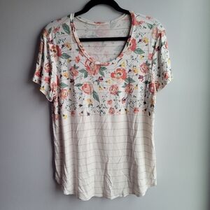 Grace & Lace Womens Large Floral Stripped Short Sleeve Graphic Tee